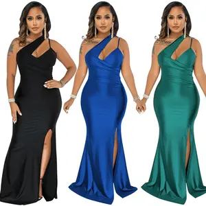 X5598 New Arrival Fashion Sexy Solid One Shoulder Strap Sleeveless Split Bridesmaid Dress Party Dresses Women Evening Dresses