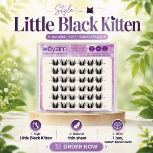 Cils individuels en grappes effet œil de chat Little Black Kitten, pré-collés, fines mèches, 1 pièce, carte arrière personnalisée, marque privée, prix usine - Product Image 1