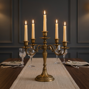 Antique Brass Candelabra with Five <b>Tapered</b> Flameless <b>Candles</b> for Home Wedding Decoration - Product Image 1