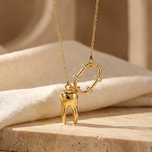 Set Perhiasan Kalung, Anting, dan Gelang Berlapis Emas 18K dengan Zirkonia Kubik untuk Wanita, Hadiah Perhiasan Gigi Unik - Product Image 5