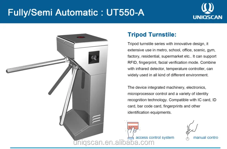 Hot Model UT550-A controllo del sistema di accesso RFID Card pedone 3 arm drop Swipe tornello ottico a vita alta