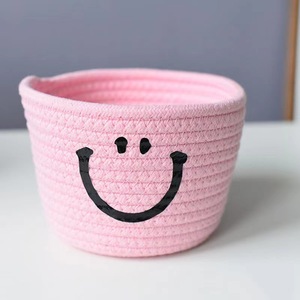Cotton Woven <b>Basket</b> Smiley Face Pink Round <b>Storage</b> Organizer Desktop Toy Holder 100% Cotton <b>Rope</b> Handmade - Product Image 1