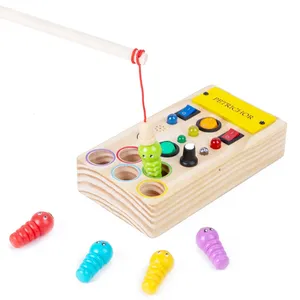 Montessori planche occupée en bois jeux de société de pêche lumière LED bouton poussoir bois jouets sensoriels pour enfants