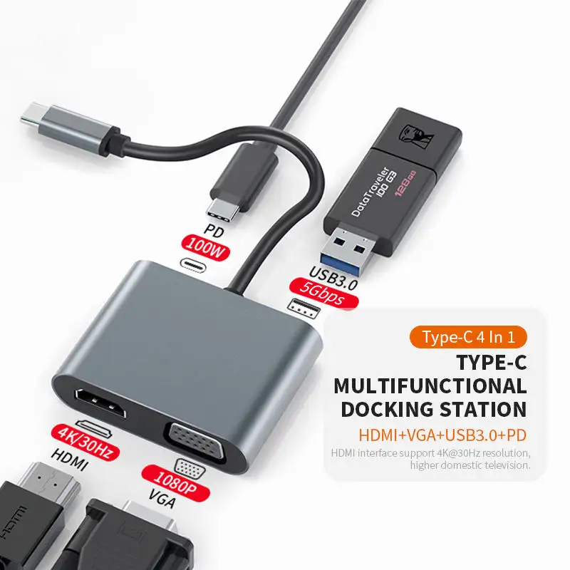 HUB VGA HD 4 IN 1 HDMI 4K 30Hz, kecepatan tinggi USB 3.0 HUB MST untuk ponsel MAC Pro Laptop Samsung Huawei