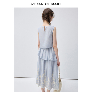 VEGA CHANG Abito Midi a Strati Azzurro per Donne con Scollo Senza Maniche e Orlo con Ricami Floreali, Vestito Casual Boho - Product Image 6