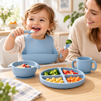 Ensemble d'alimentation pour bébé en silicone personnalisé OEM avec assiette à compartiments à ventouse, bol, bavoir et ustensiles pour la vente en gros