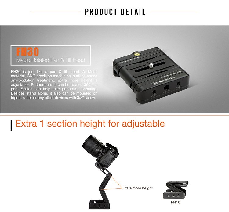 E-IMAGE FH30 All Aluminum Construction Flexible Rotated M style 1/4" & 3/8" Threaded holes Tilt Head