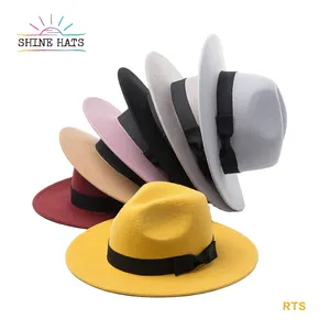 Shinehats Mũ Phớt Phớt Nữ Vành Phẳng Rộng 2022 Cho Nhà Thờ Mũ Phớt In Logo Tùy Chỉnh Màu Trơn Len Nhuộm 100% Bán Sỉ Kèm Dây Đeo Mũ