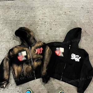 Sudadera con capucha Streetwear de 500 g/m² de alto gramaje, estilo vintage con lavado ácido, desgastada, de corte holgado y corto, con parche bordado y cremallera - Product Image 3