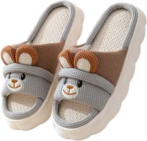 Sandal renda kelinci lucu modis, sandal Linen beruang, sandal hewan, sepatu rumah Linen katun musim panas,