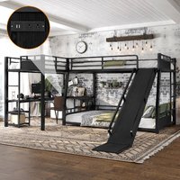 Lit superposé moderne en métal noir en forme de L avec bureau, prise de courant, station de charge, étagères de rangement, gain de place, appartement, ODM OEM
