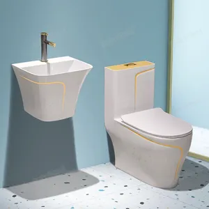Conjunto de vaso sanitário moderno, conjunto de lavabo branco e dourado sem aro com alça combinar luxuoso