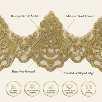Dentelle de mariage en maille à sequins écologiques, brodée à la machine, motif baroque doré festonné, pour robe de mariée et voile OEM ODM