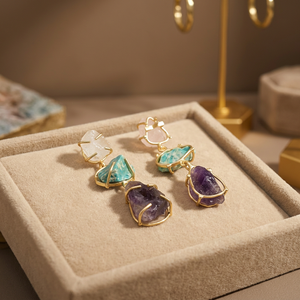 Boucles d'oreilles pendantes géométriques pour femmes, plaquées or, avec améthyste, quartz rose et turquoise, serties clos, bijoux de fête bohèmes - Product Image 4