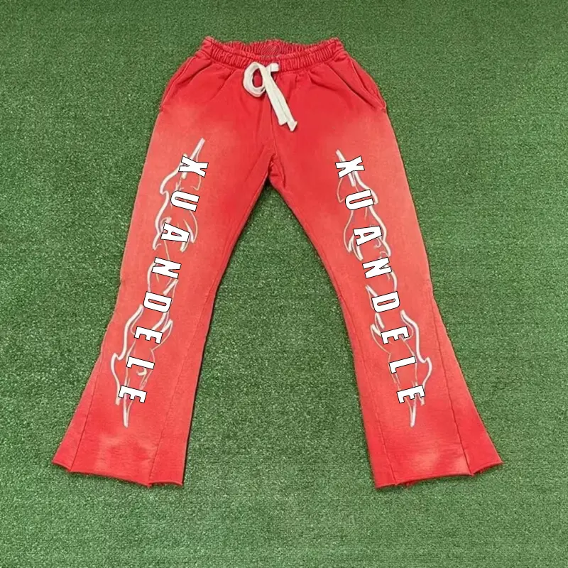 Tasarımcı özel lüks Mens kırmızı 400Gsm fransız Terry düz bacak Sweatpants pantolon pantolon özel Logo yıkanmış Sweatpants erkekler için