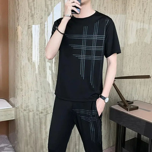 Abbigliamento Sportivo da Uomo, Tute Sportive Senza Logo, T-Shirt Maschile, Top da Palestra, Tuta Liscia, Set con Pantaloni Neri, Moda Innovativa e Chic in Taglia <span class=keywords><strong>S</strong></span> - Product Image 1