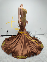 Ocstrade Damen Glänzendes Strass-Abendkleid Kristall-Diamant-Saum Kaffeebraunes Luxus-Ballkleid mit Schal