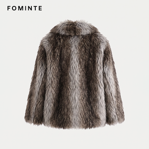 Abrigo de Piel Sintética Peluda Marrón Grisáceo de Lujo para <span class=keywords><strong>Mujer</strong></span>, Chaqueta Cálida de Invierno de Longitud Media, con Solapa Grande, Elegante y Moderna - Product Image 4