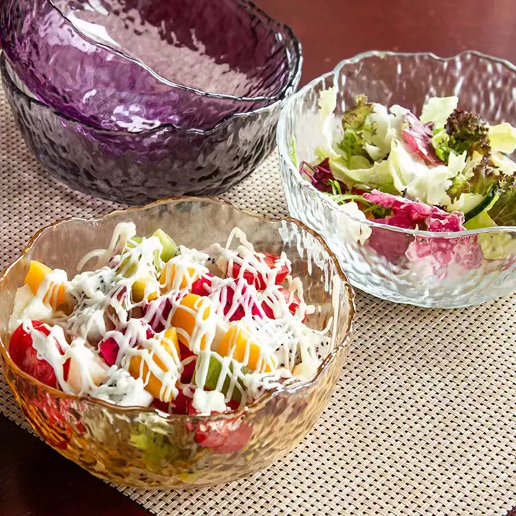 Oem 도매 대형 유리 샐러드 그릇 명확한 표시 다채로운 불규칙한 패턴 그릇 유리 과일 샐러드 유리 그릇 세트
