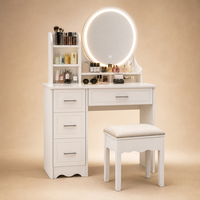 Ensemble coiffeuse de chambre moderne en bois de luxe léger avec miroir LED, 4 tiroirs, étagère latérale et tabouret – Finitions personnalisées – Fabrication usine de meubles