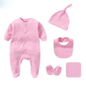 Mono de manga larga liso de algodón para recién nacido, mono infantil, ropa de bebé tejida, pijama unisex, conjunto de 5 con sombrero y babero