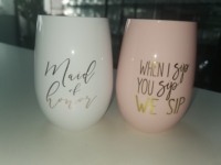 Gelas Anggur Plastik Tanpa Tangkai 16oz Anti Pecah, Cangkir PET Bening dengan Logo Kustom untuk Pernikahan
