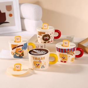 400ml Cute Cartoon <b>Ceramic</b> <b>Mug</b> Set with Silicone Lid Toast Design for Home Use - Product Image 1