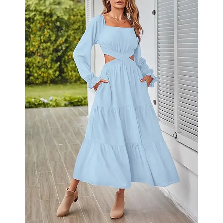 2024 ग्रीष्मकालीन पोशाक महिलाओं की लंबी बांह की पोशाक क्रॉसओवर कमर रफ़ल टियर वाली सुरुचिपूर्ण शाम की पोशाक