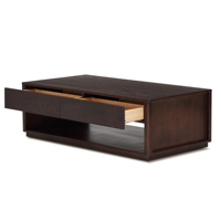 Table basse moderne en bois massif avec 4 tiroirs, finition noire, modèle bas à poser au sol