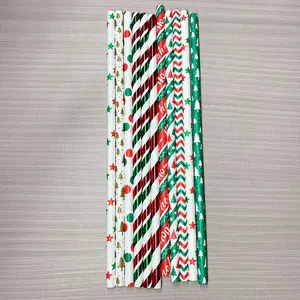 Pailles en papier à rayures biodégradables Pailles en papier de Noël à pois rouges et verts en vrac