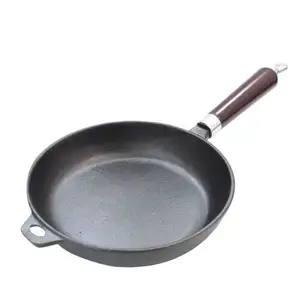 Sartén redonda presazonada, sartén profunda con mango largo de madera, juego de utensilios de cocina hogareños, hierro fundido, minimalista, sostenible