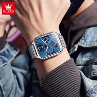 Jam Tangan Pria OLEVS 9914 Original Fashion Quartz Arloji Tali Baja Mesh Tahan Air Bercahaya Fase Bulan Kronograf Bentuk Persegi