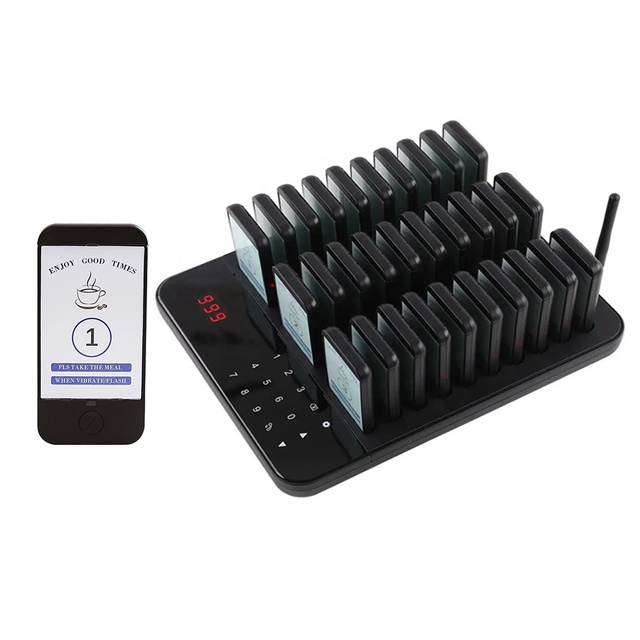 Cafe Queue Calling Beeper Rechargeable Vibrating Waterproof 1 Base 30 Buzzers Wireless Coaster Paging System Restaurant Pager