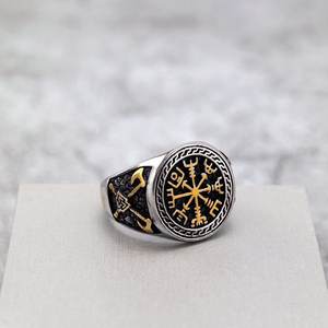 Nordic Vintage Stainless Steel Men's <b>Ring</b> With Viking Compass Design Round Geometric Hip Hop Style Jewelry Gift - Product Image 1