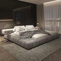 Cama Queen de color crema moderna de estilo italiano, cama baja de lujo, Tatami, bolsa suave, tapicería, suelo de madera, de pie para Villa Master