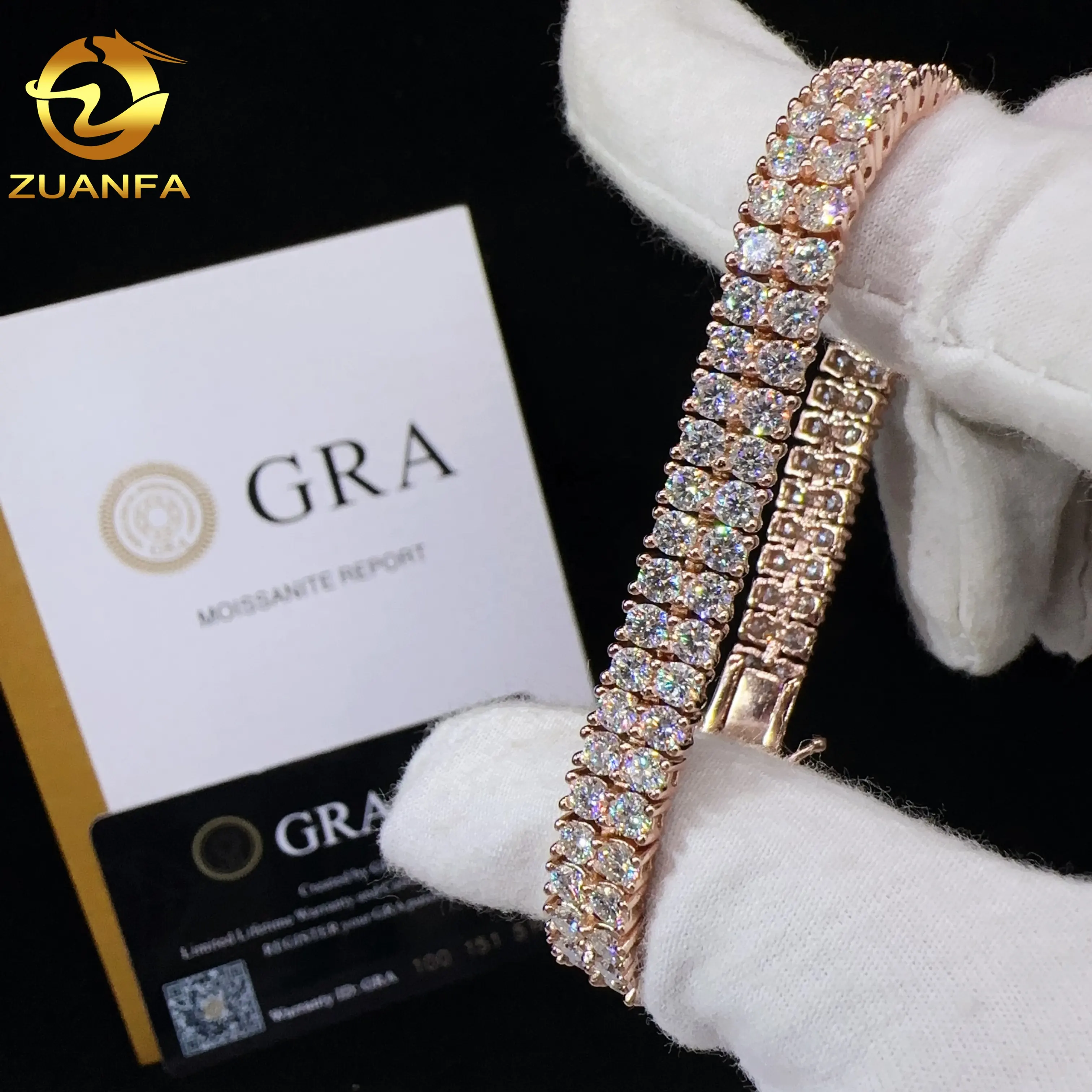 Nuevo diseño, dos filas de diamantes, pulsera chapada en oro real, Plata de Ley 925 VVS, moissanite, joyería de hip hop, laboratorio, diamante, tenis, Chai