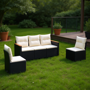 Conjunto de sofá de jardín negro y crema, muebles de exterior de ratán sintético, cojín impermeable, diseño contemporáneo - Product Image 2
