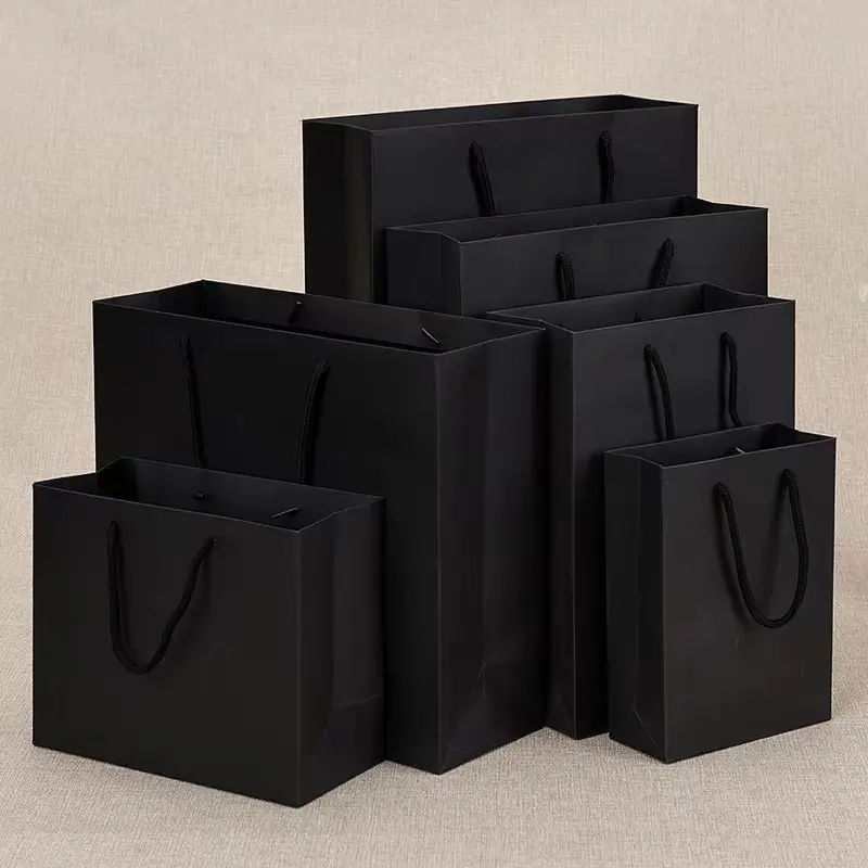 Luxury Black Custom Printed Logo Shopping Wedding Gift For Shoes Clothes Jewelry Packaging paper bag With Ribbon Handles