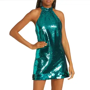 Custom new model women fashion back zip sequin halter mini dress