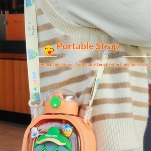 Çocuklar için İlkokul Öğrencilerine Özel Pipetli Bardak Taşınabilir Kırılmaz Plastik Çift Su Şişesi Taşıma Askılı Sevimli - Product Image 4