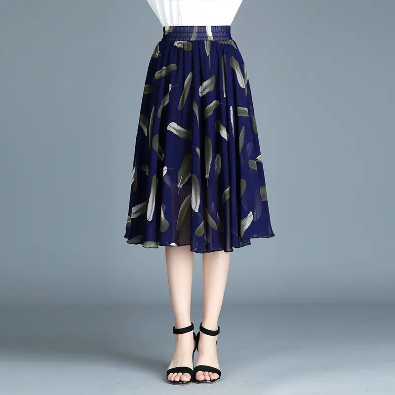 Fashion Printed Chiffon Tulle Long Skirt High Waist Pleated Skirt Thin Broken Flower Casual Skirts For Women Jupe Faldas
