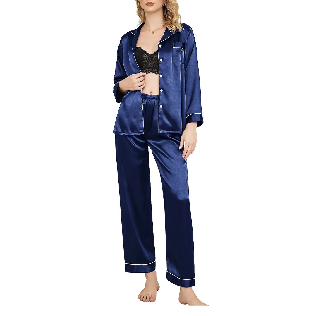 Pyjamas en soie pour femmes Plus Size Satin Nightwear Long Sleeve Silk Pjs Set Classic Two Piece Sleep Set