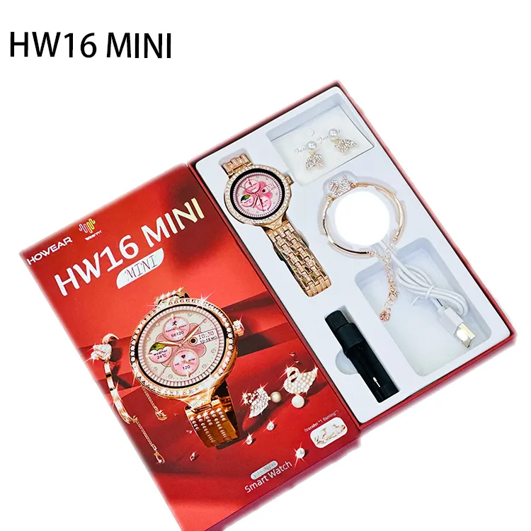 Relógio inteligente HW16 MINI feminino de luxo original com pulseira de ouro para presente, moda casual, inteligente à prova d'água IP67