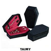 Boîte à bijoux en velours en forme de cercueil pour Halloween, avec couvercle rabattable, pour boucles d'oreilles et bagues, boîte de rangement multi-compartiments, boîte cadeau pour bijoux, vente en gros, logo personnalisé