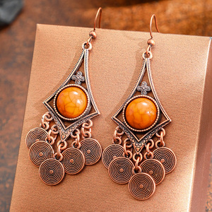 Bohemian Copper Alloy Drop <b>Earrings</b> Geometric <b>Red</b> Stone Bezel Setting Women's Fashion Dangle <b>Earrings</b> - Product Image 2