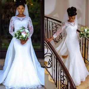 knee length dresses for ladies African Lace Wedding Dresses with Sleeves Long Mermaid Bridal Gown US4 / Custom Color main image 1