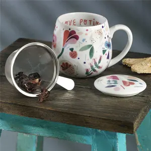 Tasse à café en céramique avec infuseur et couvercle, pot à motifs de fleurs, de style nordique, vente en gros,