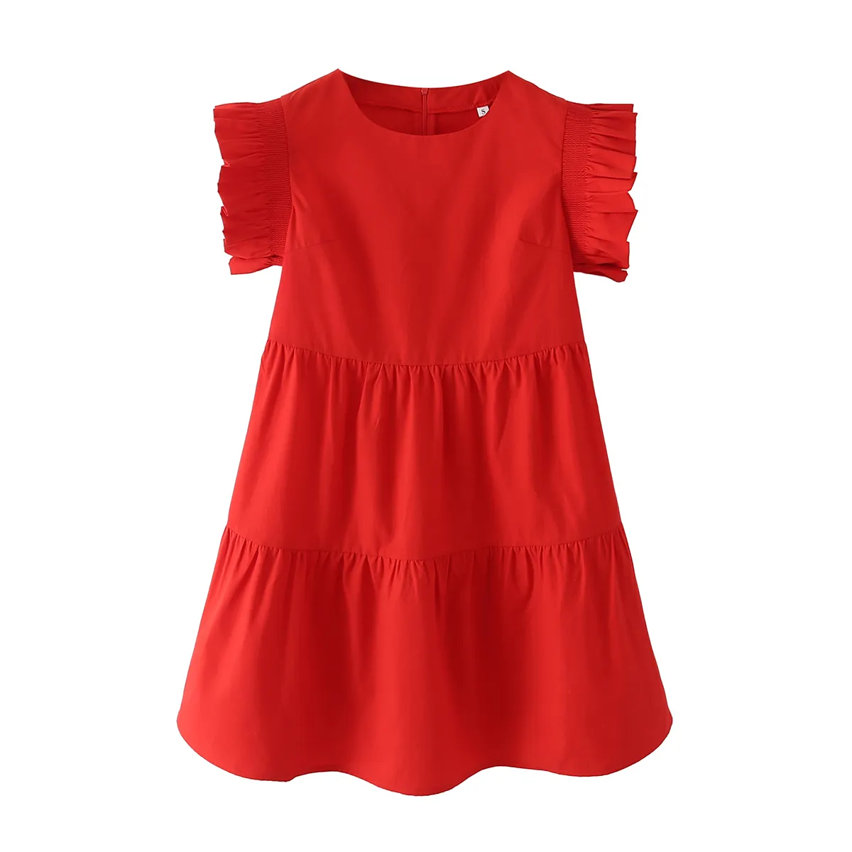 Cute design crew neck red color spliced design women summer short mini casual dresses