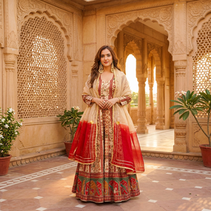 TENNECY Nouveau Ensemble Robe-Dupatta en soie chinon prête-à-porter, imprimée numériquement, avec broderies de fil doré et décorations de miroirs originales, pour tenue de soirée - Product Image 1