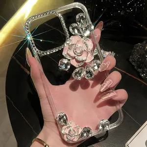 Projeto simples Bling diamante transparente em todo o redor claro bonito para a mulher brilho Shinny Phone Case para Iphone 14